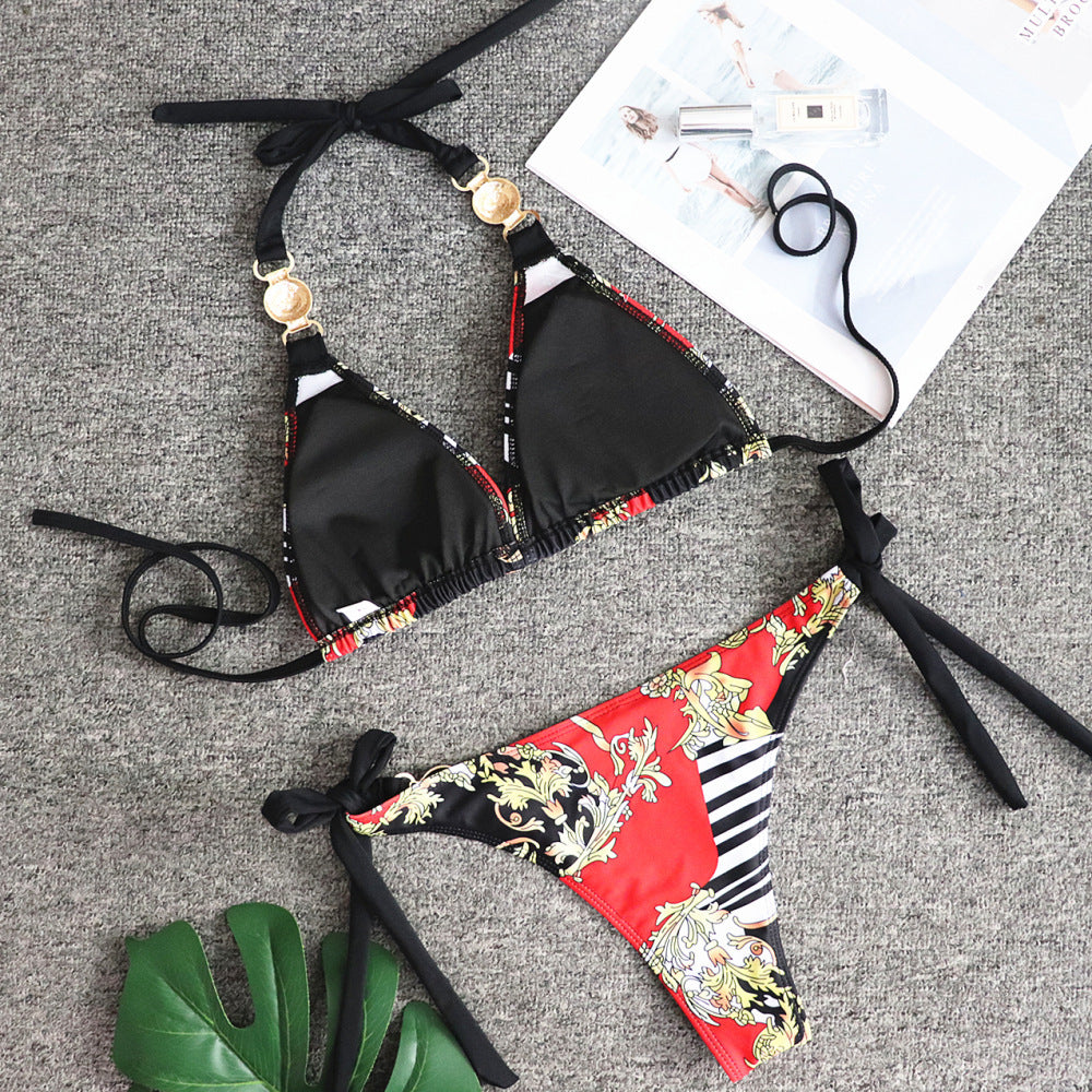 Metallic print strappy bikini